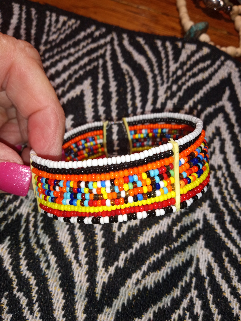 Multicolor Seed Bead Cuff Bracelet - Vibrant Orange, Yellow & White